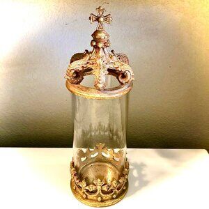 MARK ROBERTS French Louis XVI Style Lg Gold Cross Crown Glass Hurricane Canister